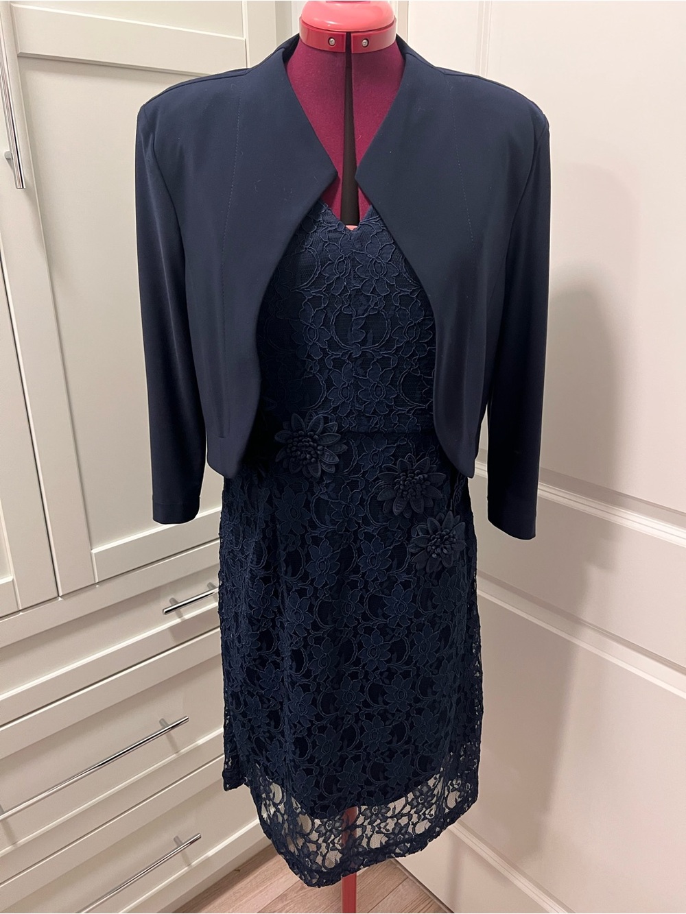JOSEPH RIBKOFF Navy Lace Dress & Bolero Jacket Set 12 Floral Appliqué Canada